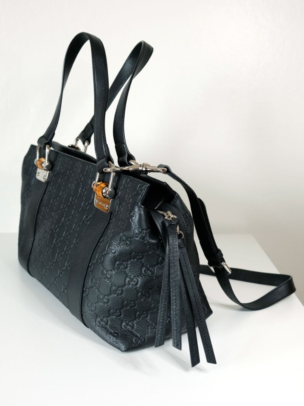 Gucci Guccissima Leather Bamboo Bar Tote, Excellent Condition, Matte Black - Picture 5 of 14